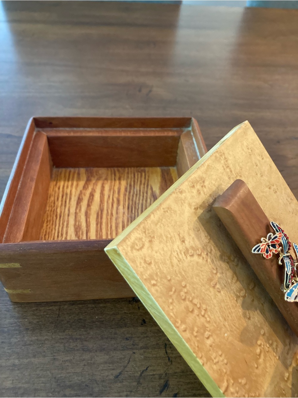 Wooden artisan made  Trinket / jewelry Box with colorful butterfly.